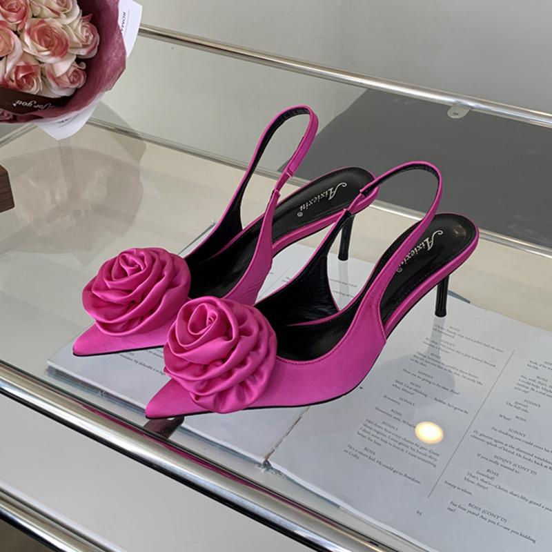 Fashion SUOJIALUN 2024 Spring New Brand Women Sandal Fashion Big Flower Ladies Elegant Slingback Shoes Thin High Heel Dress Pumps Shoes
