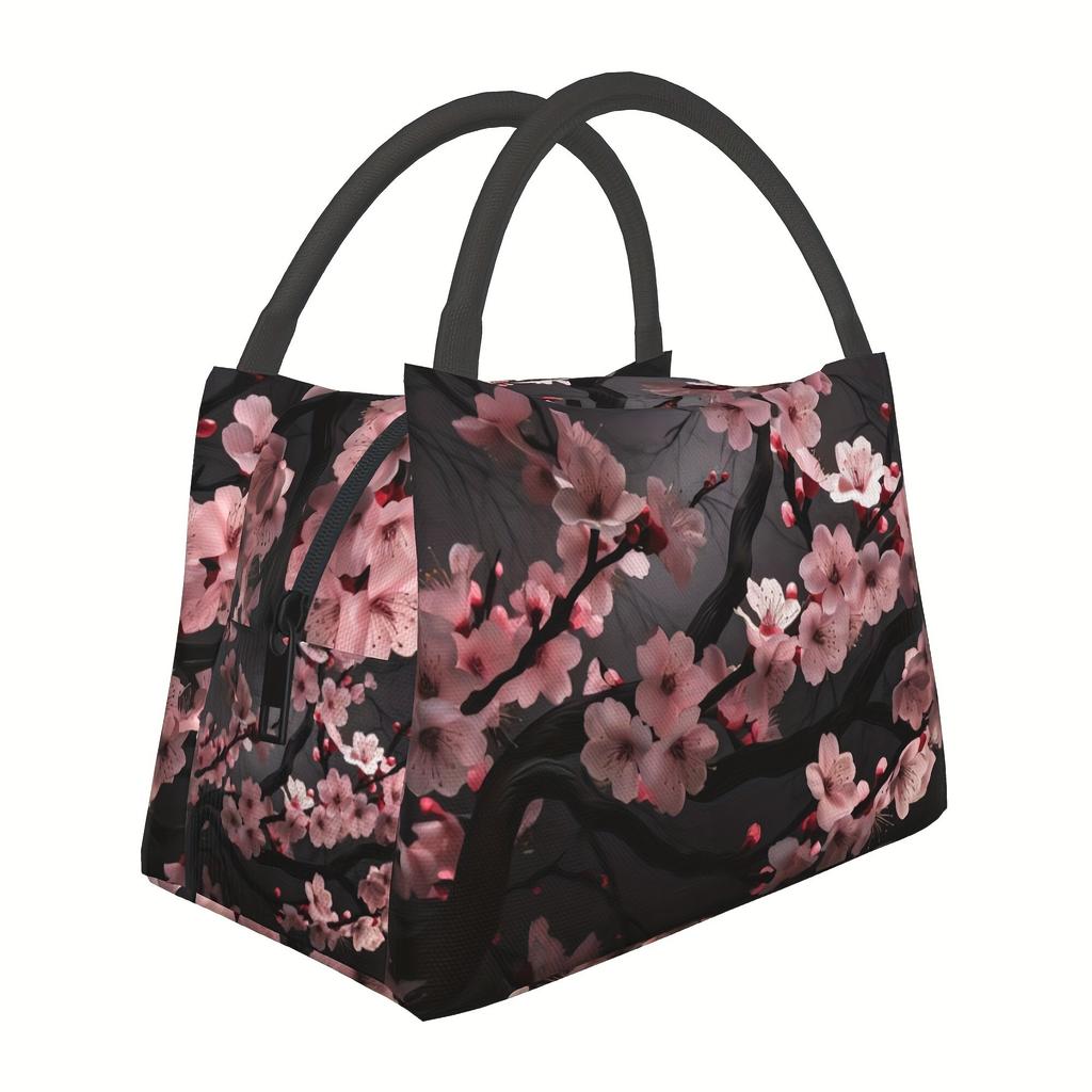 Cherry Blossom Insulated Lunch Bag Polyester Oxford Fabric Portable Thermal Cooler Tote