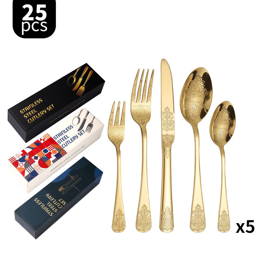 Double-Headed Flower Pattern Tableware Knife, Fork and Spoon 430 Stainless Steel Advanced Western Tableware 5 Main Pieces Suit