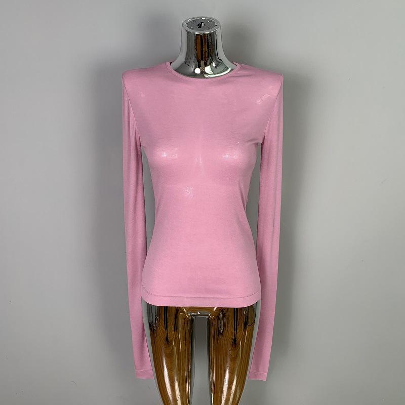 

Korean Sexy Sheer Temptation Slim Fit Round Neck Basic T Shirt Women Fashion Top 2XL розовый