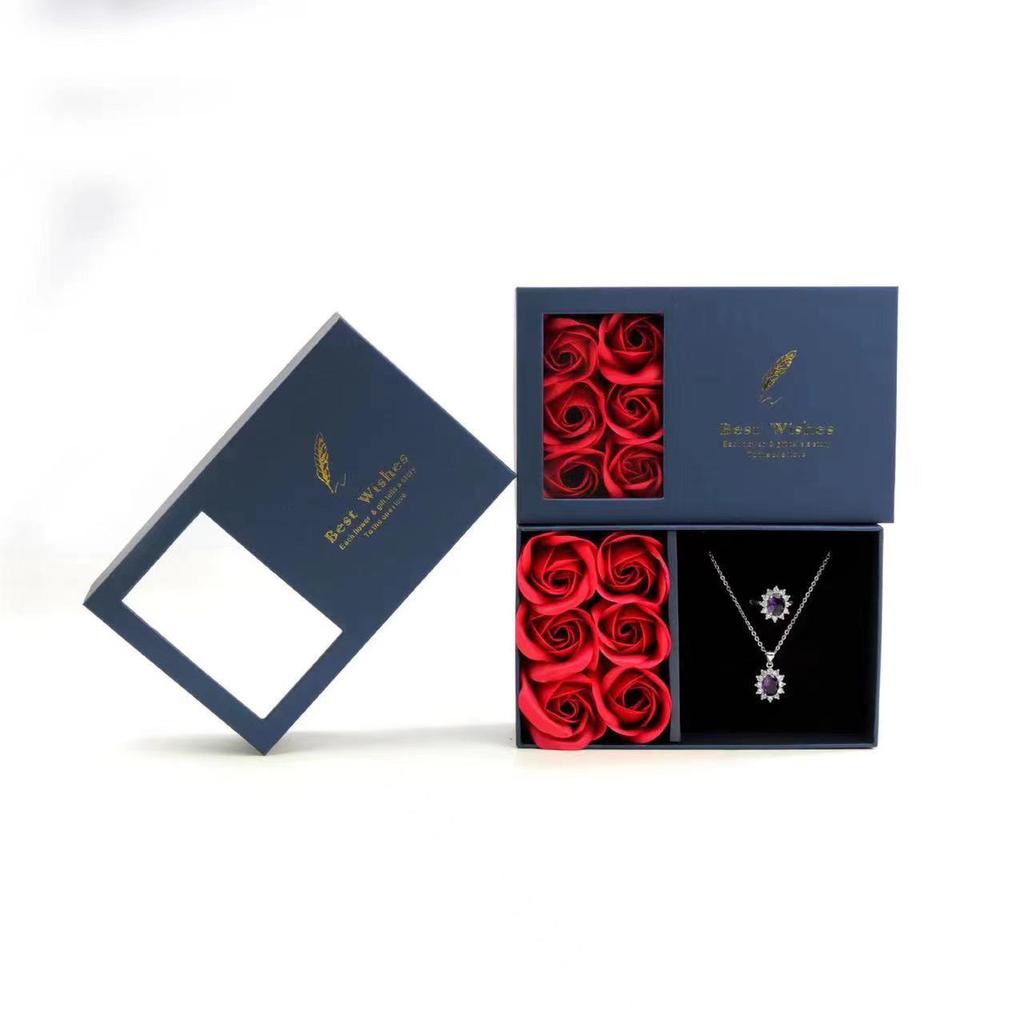 520 Qixi Preserved Rose and Ring Gift Box with Windowed Lid - 6 Roses and Pendant Display