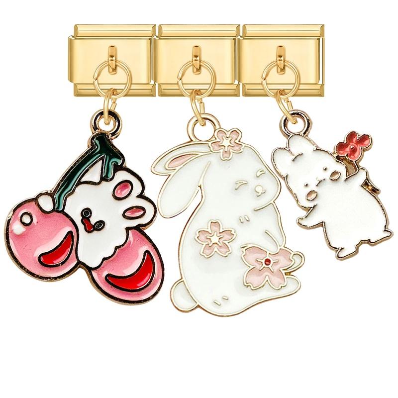 3PCS Brilliant Butterfly Dog Rabbit Shell Tulip Moon Y2K Pendant Charm Links Fit 9mm Stainless Steel Bracelet DIY Making Gift