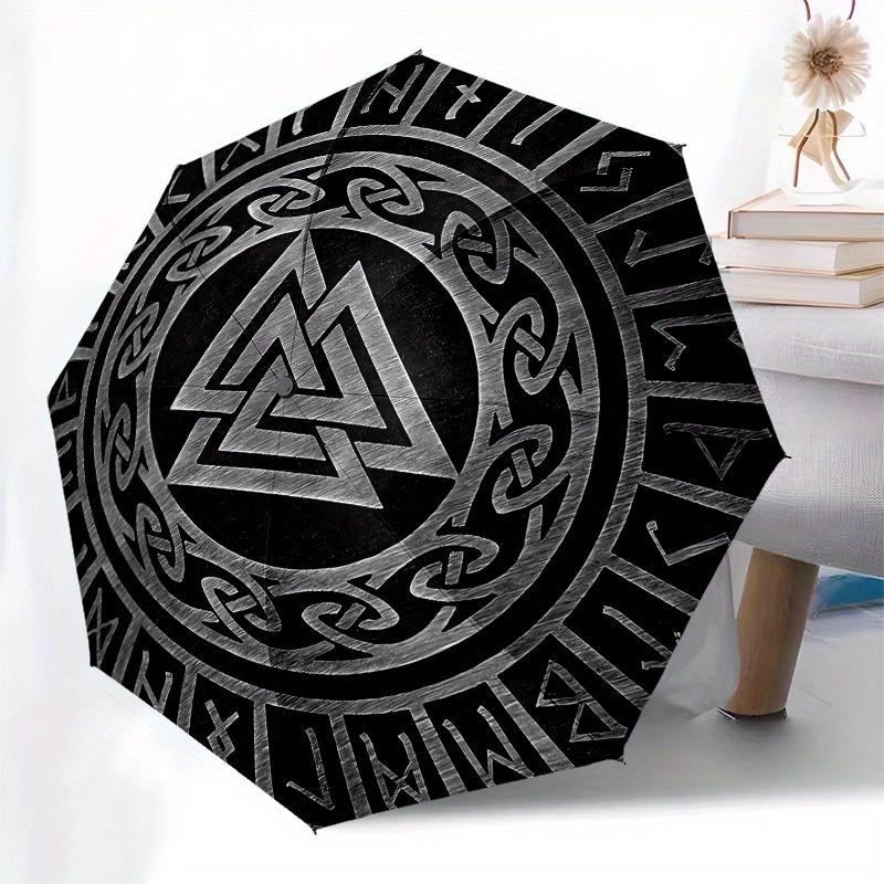 Valknut, Norse Automatic folding umbrella  simple eight rib design, bright color pattern, durable iron frame, ideal for travel and outdoor,