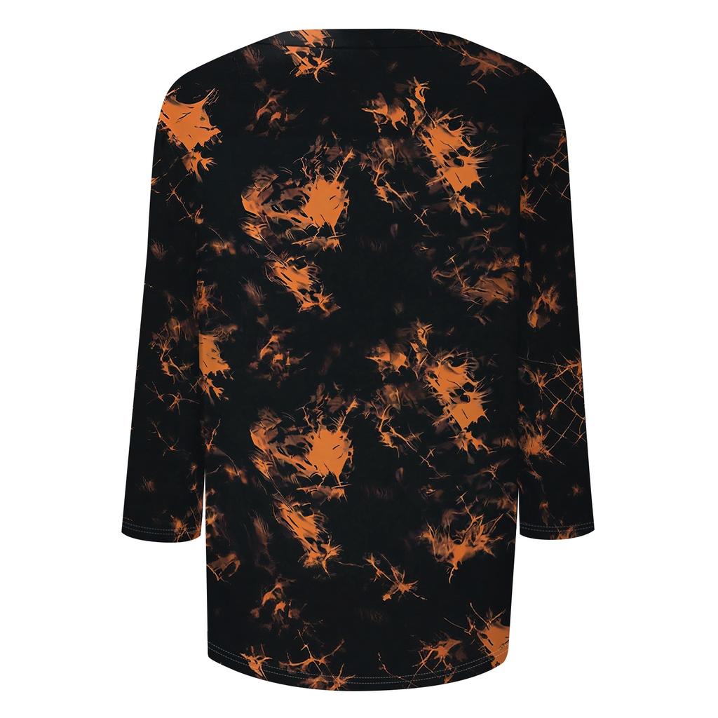 Women's Casual V-Neck Three-Quarter Sleeve Top with Halloween Print