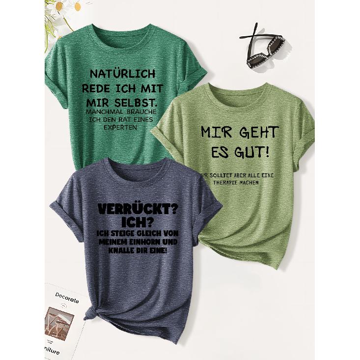 3 Pack of Women's Summer Tops | German Tongue-teasing Funny Slogan Print T Shirt | Cute and Trendy Casual Round-neck Short-sleeve Suit | 2026 Summer