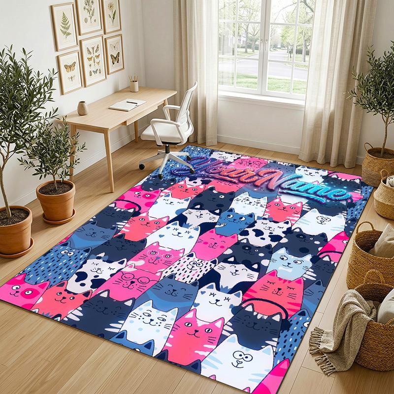 Cat Theme Crystal Velvet Rug Personalized Custom Name Text Soft Floor Mat Home Decor