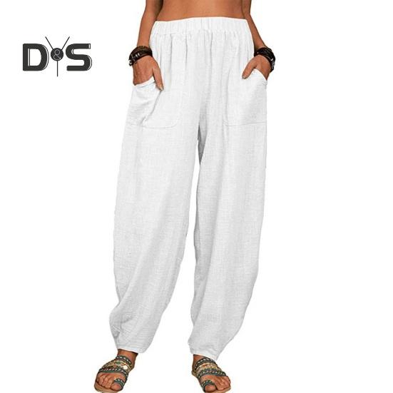 Damen Freizeithose, elastische, hohe Taille, einfarbig, Haremshose mit Taschen, lockere Passform, atmungsaktiv, lange Hose für den Alltag