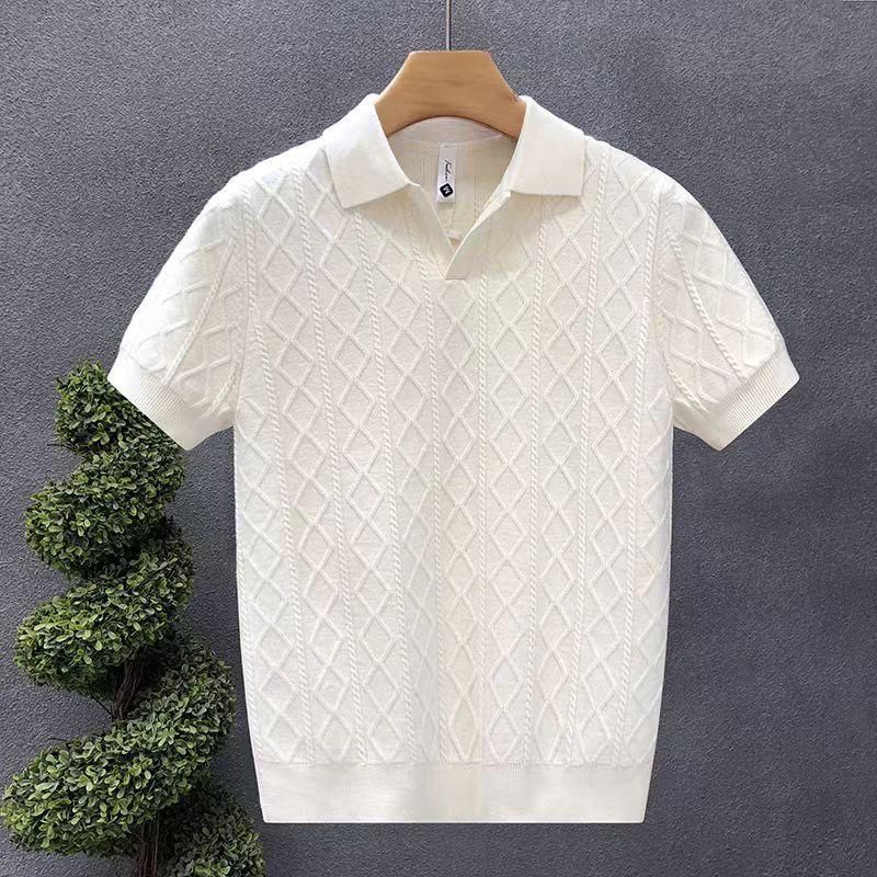 Light Luxury Rhombus Jacquard Short-Sleeved Polo Shirt Men'S Business High-End Slim-Fitting Lapel-Neck Knitted T-Shirt