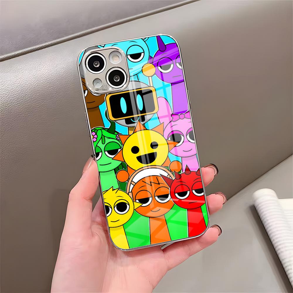 Kreslený herný obal Sprunki na telefón pre iPhone 17 Pro Max 15 Pro 16 14 Plus 12 13 Mini 11 Pro Nárazuvzdorný galvanicky pokovovaný sklenený kryt