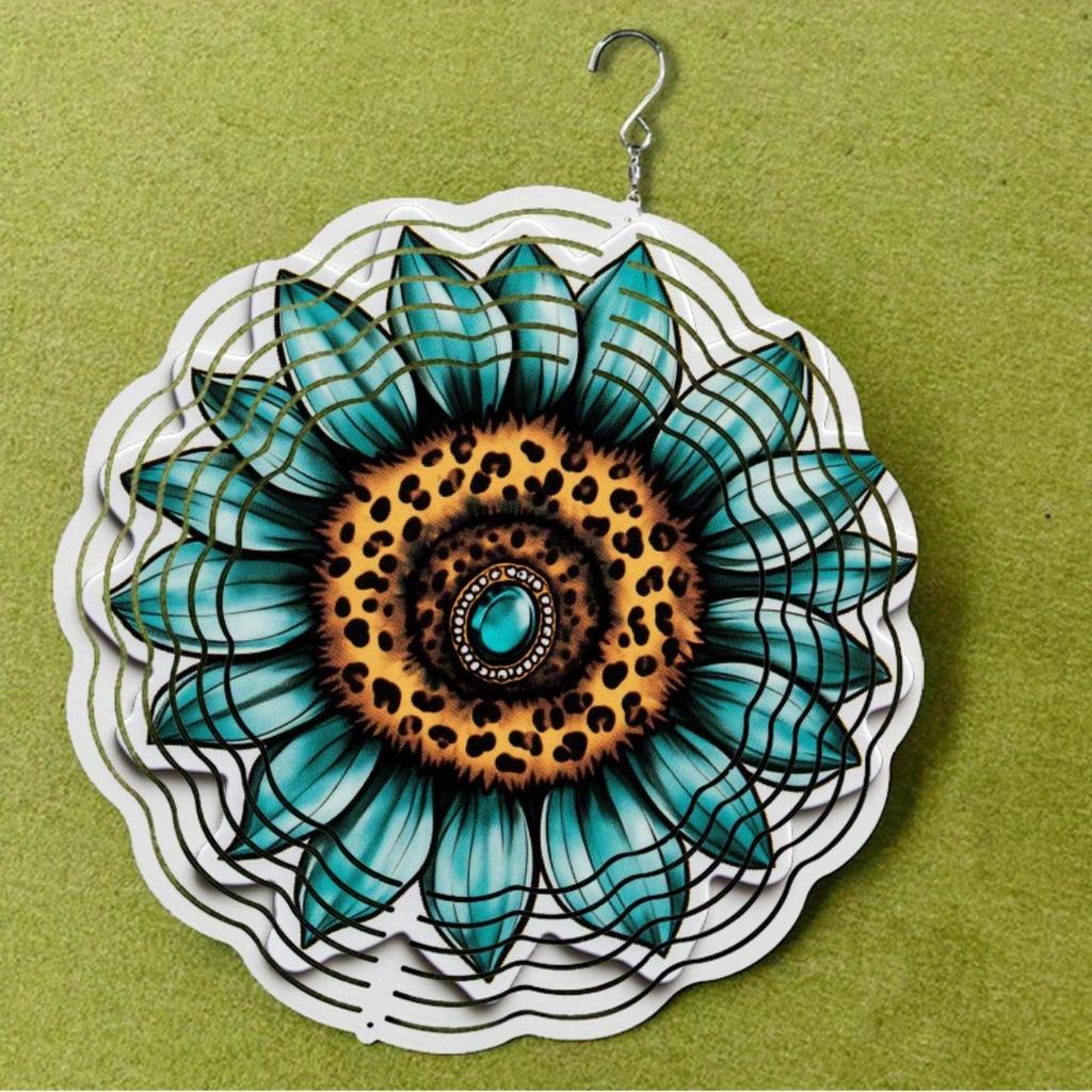 Sunflower Gemstone 2D Metal Wind Spinner Blue Green Golden Stained Glass Hanging Ornament for Garden Home Indoor Outdoor Holiday Gift