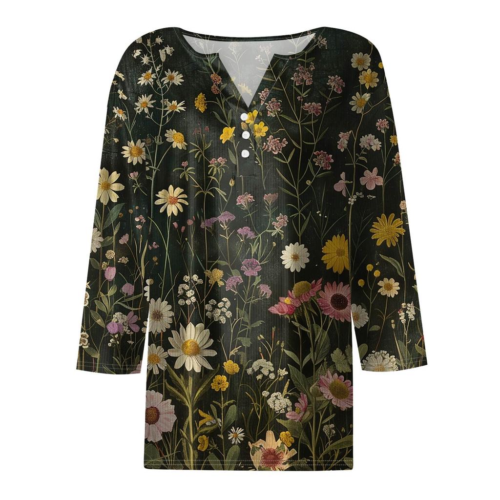 Women's T Shirt Tee Print Button 3/4 Sleeve Tunic Daily Weekend Fashion Basic V- Neck Regular Top