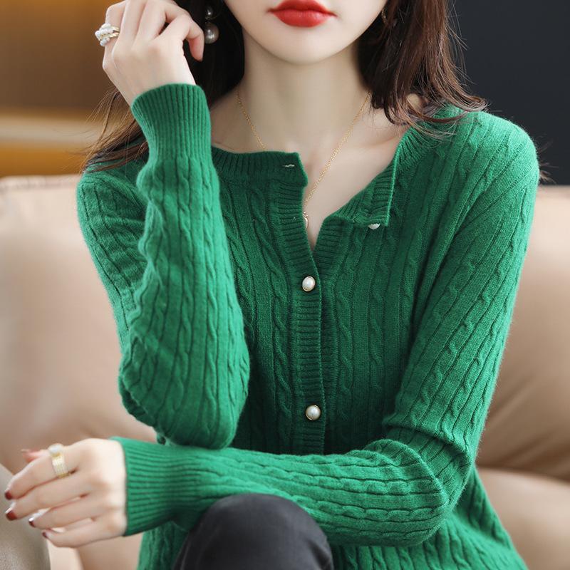 Spring and Autumn Cardigan Women's Crew Neck Twist Knitted Loose Versatile Solid Color Breasted Sweater Jacket