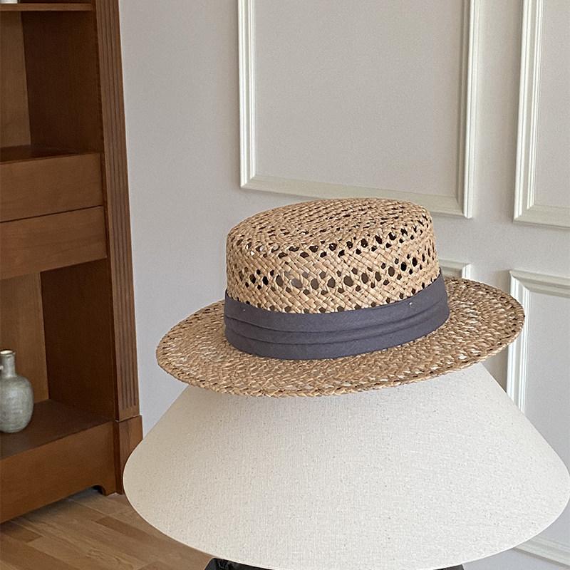 Natural Marillaise Woven Hat Women'S Fashion British Flat Top Top Hat Old Money Wind Seaside Vacation Sunshade Hollow Straw Hat