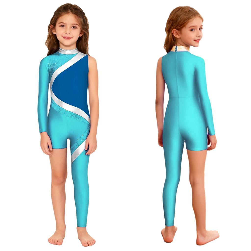 Kids Girls Stage Performance Jumpsuit: Mock Neck Shiny Sequins Color Block Asymmetrical Cut with Back Invisible Zipper