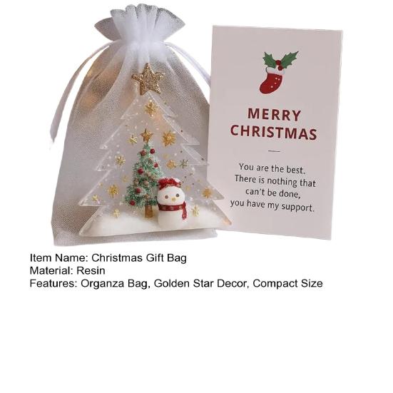 Christmas Gift Bag Organza Bag with Golden Star Xmas Tree Decor Small Mesh Drawstring White Sheer Wedding Party Favor Bag