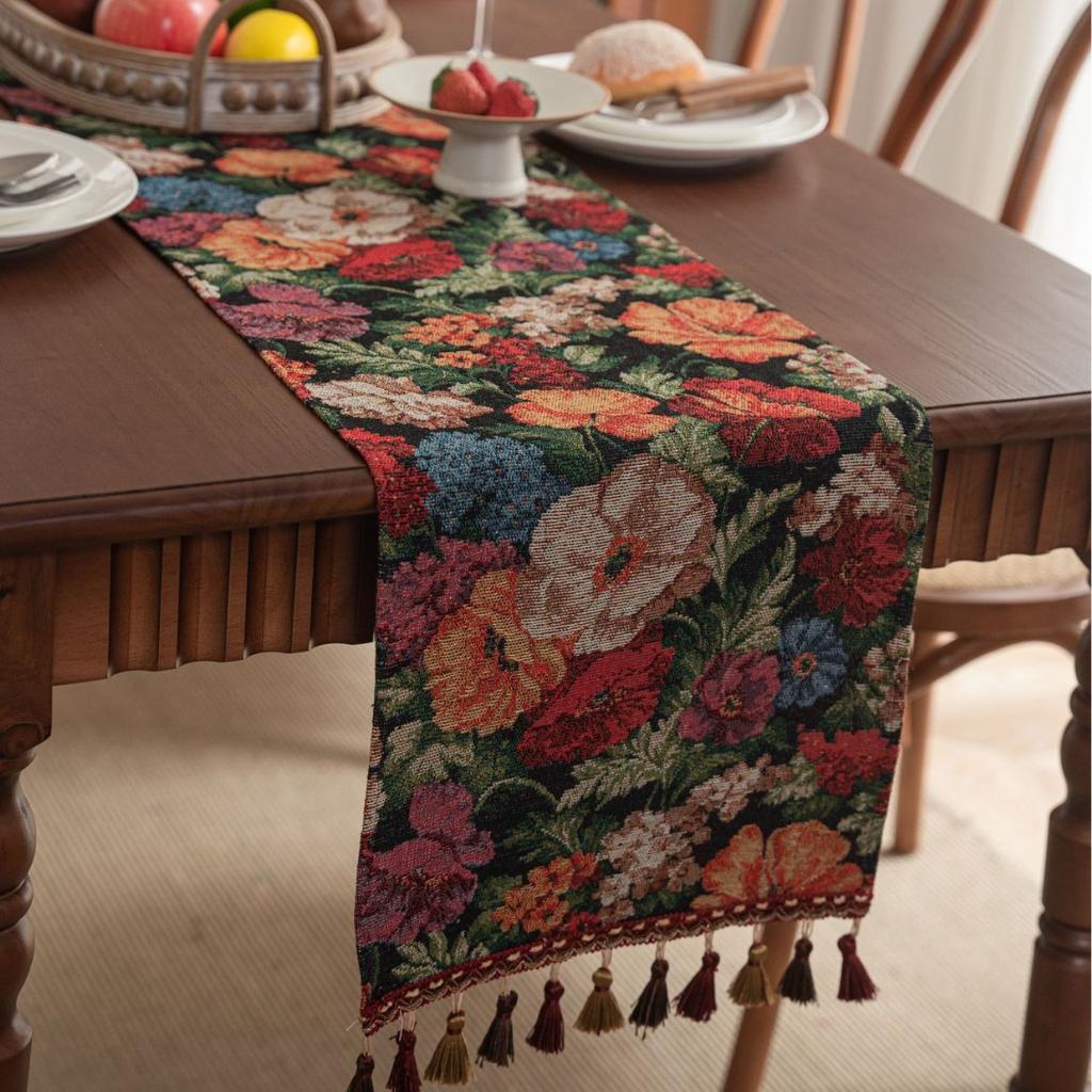Chinesische Tischfahne Jacquard Blühend Reichhaltige Quaste Retro Teefahne Esszimmerfahne Langer Streifen Verdickt