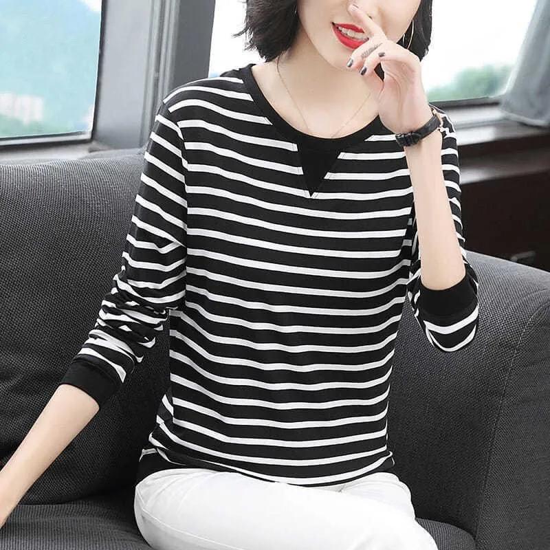 WTEMPO Dámský jarní pruhovaný svetr s dlouhým rukávem, velká velikost, dámský volný bavlněný kulatý výstřih, ležérní topy, velká velikost