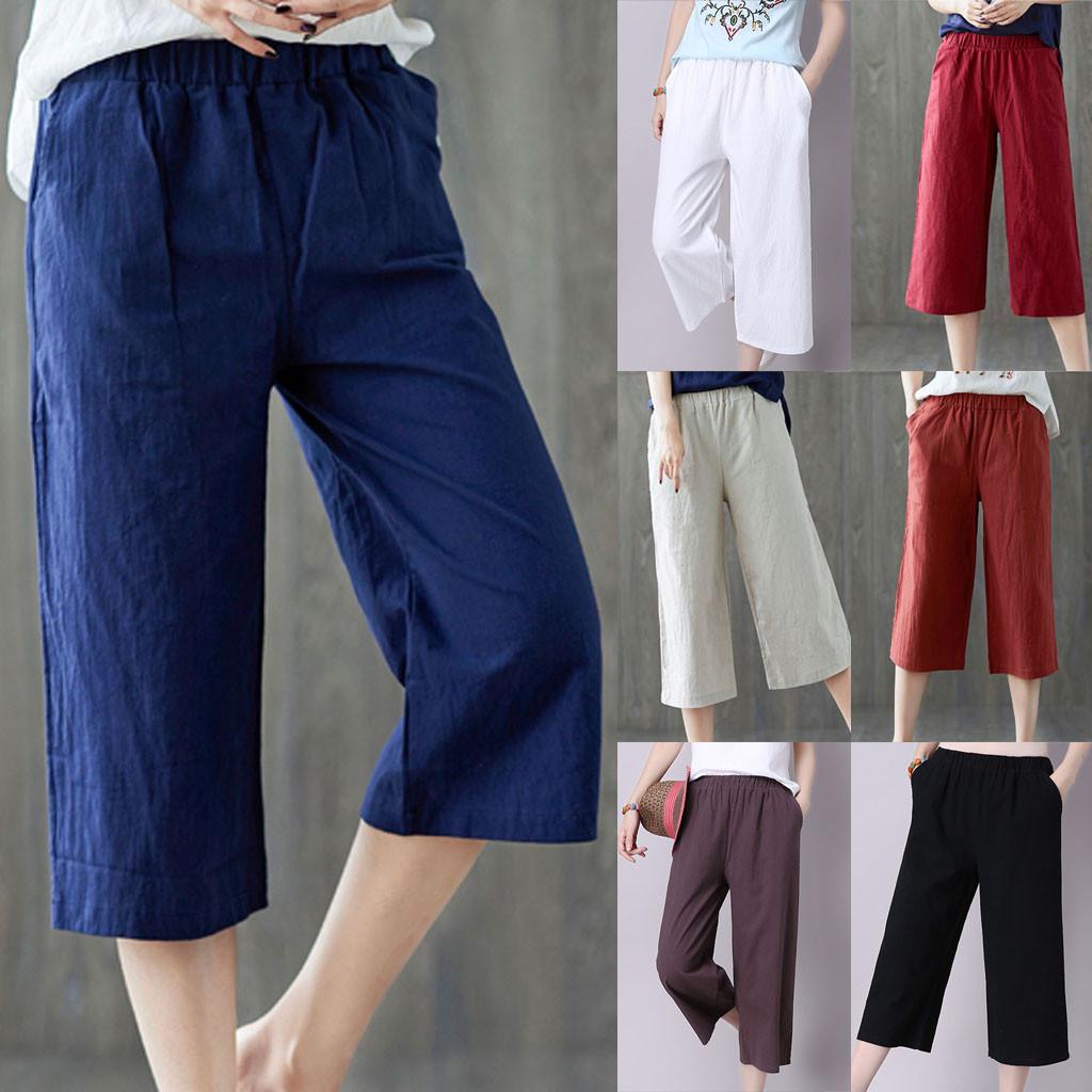 

Женские повседневные свободные хлопковые льняные брюки с эластичной резинкой на талии, укороченные широкие брюки