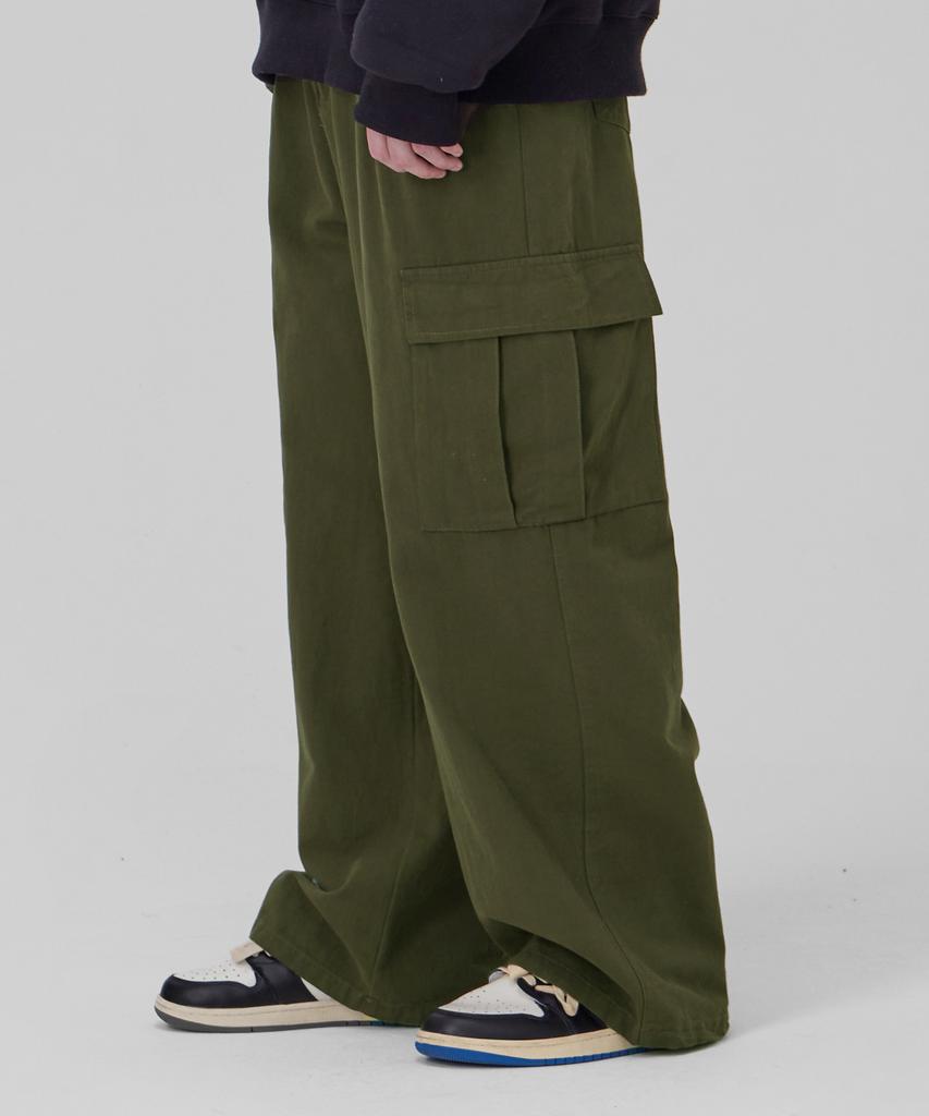 GLW Wide Big Pocket Elastic Waist Cargo Pants Khaki
