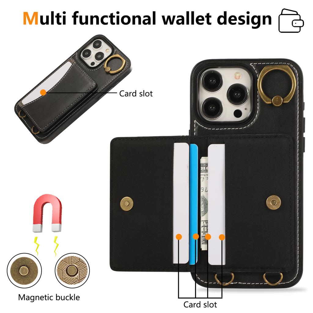 For iPhone 14 Pro Max PU Leather Back Case Card Holder Kickstand Phone Cover with Wrist Strap