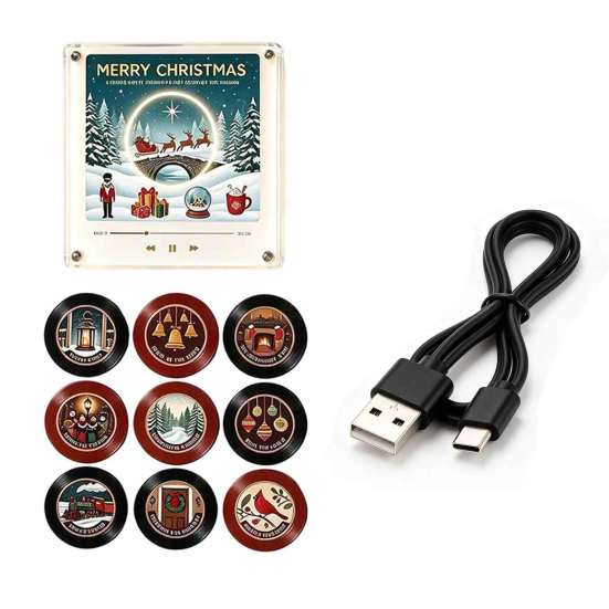 Programmable Music Box Vinyl Record Player Fridge Magnet for Christmas, with 9 Records, Decorative 256MB Memory, LED Light-Up Personalized NFC