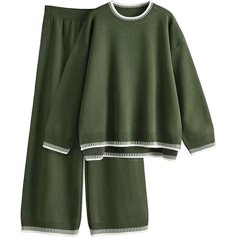 Casual Style Top Wide-leg Pants Women's Two-piece Set Autumn and Winter Large-size Knitted Sweater Women