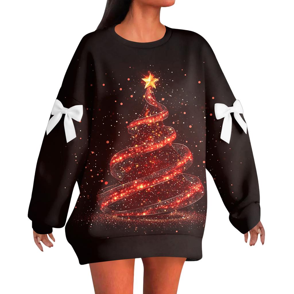 Ladies' Christmas Printed Bow Round Neck Long Sleeved Loose Pullover Sweater Sweatshirt Top
