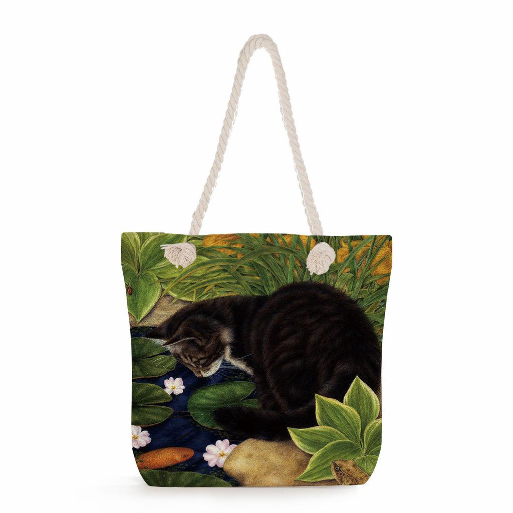 Flower Cat Print Thick Rope Single-shoulder Beach Bag 7262