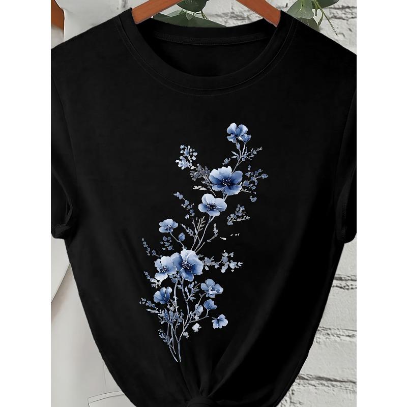 European Size 2026 New Summer Women's Elegant Blue Floral Print Short Sleeve Fashion Personality Casual Comfortable Figure-Flattering Ice Fabric