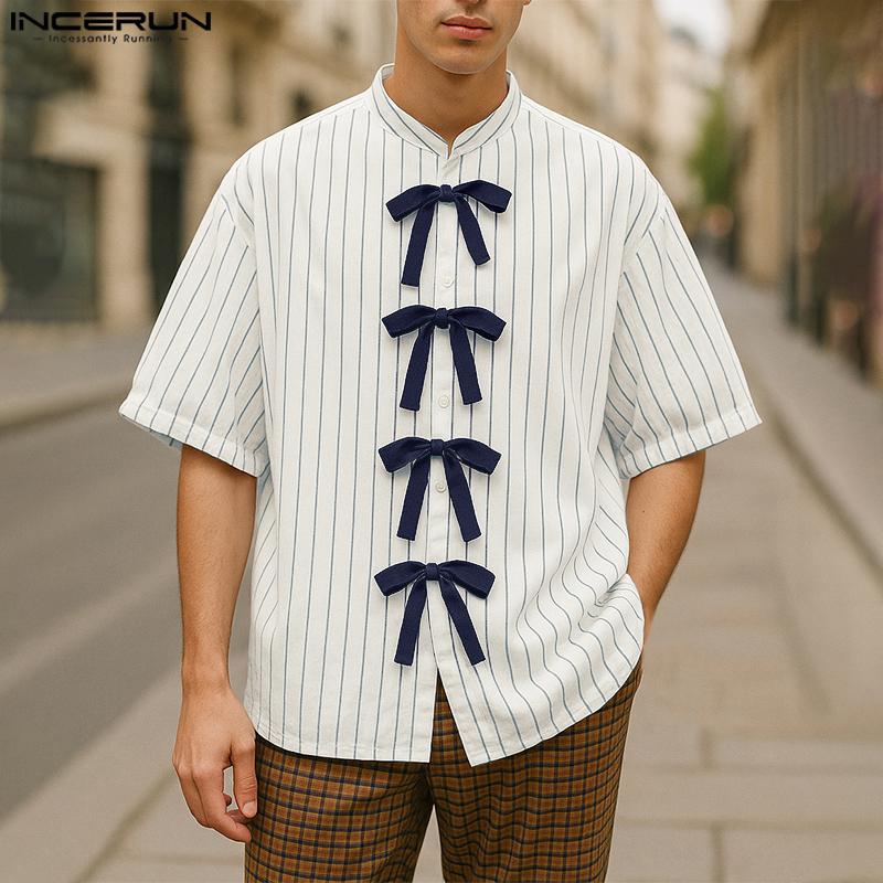 

INCERUN Men Oversized Collarless Short Sleeve Print Bow Knot Casual Loose Shirts 5XL жовтий