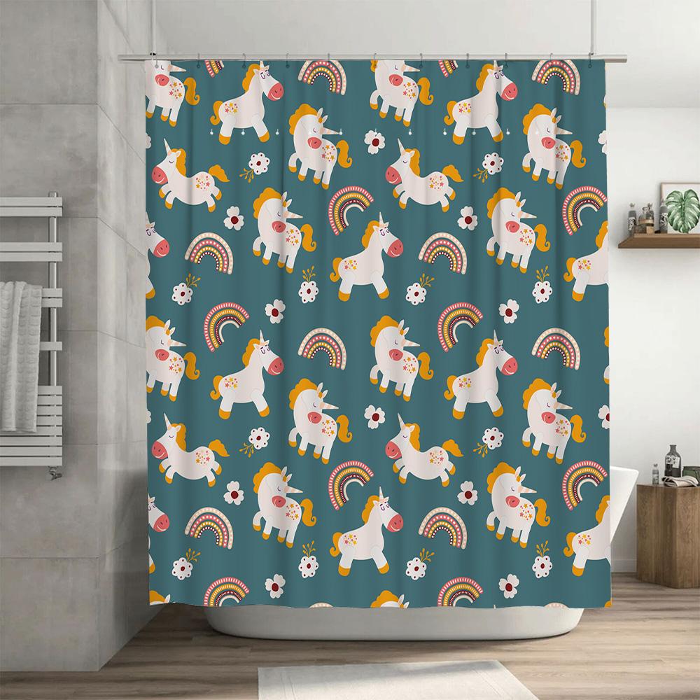 Cute Unicorn Shower Curtain Waterproof Fabric Home Decor Bathroom Supplies for Kids Room Multicolor (Green)
