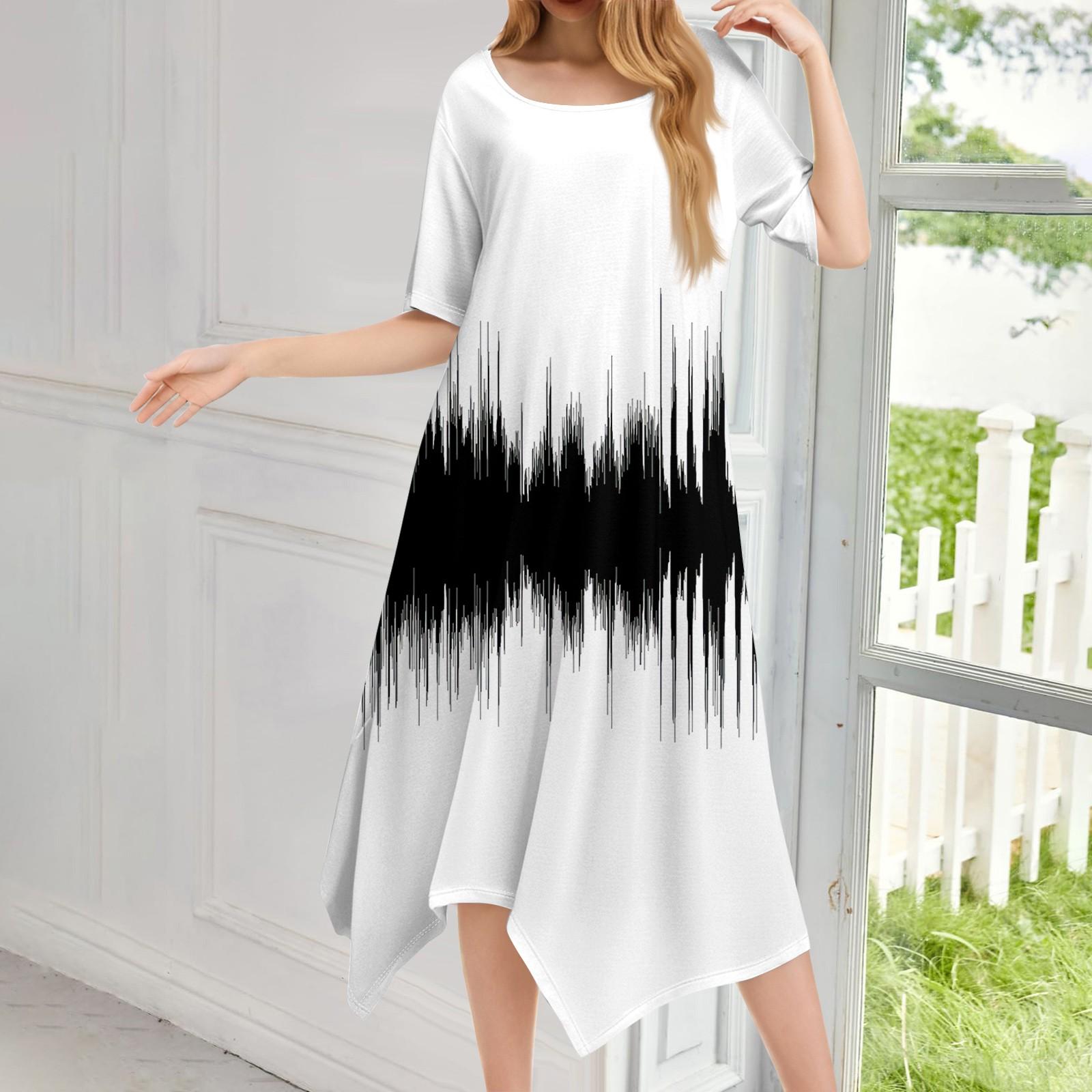 

Женское повседневное модное платье миди с круглым вырезом и коротким рукавом с принтом и неровным подолом XL белый