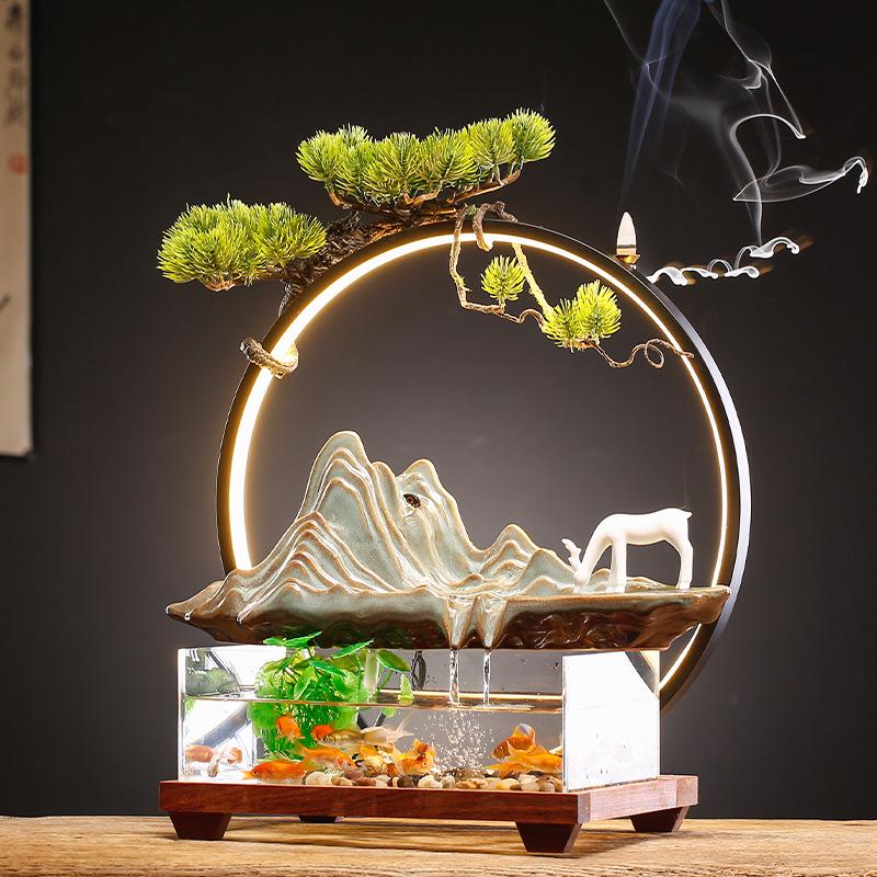 Chinese Wealth-Attracting Water Fountain with Fish Tank - Creative Ornament for Home or Office