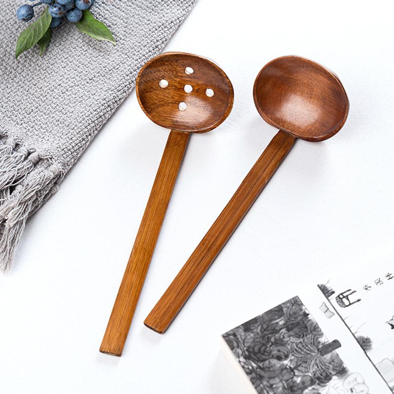 

2Pcs Wooden Soup Spoon Ladle Long Handle Wood Kitchen Spoon Big Strainer Serving Spoon for Ramen Soup Ladle Japanese Tableware