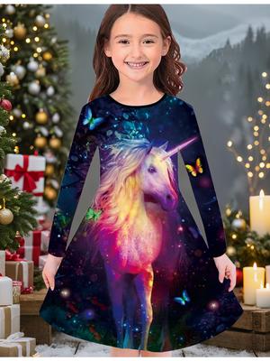 Girls' Autumn and Winter Fashion Dress, 3D Unicorn Print  Round Neck Long Children's T-shirt Dress, Casual Versatile, Christmas Clothing