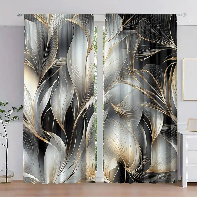 2 Pcs Black and White Maple Leaves Print Curtains  Suitable for Bedroom  Living Room Kitchen Decor  Home Decoration  Window Decor