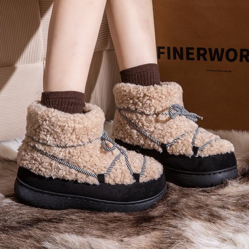 Fashion Women's Fashion Flat Cotton Shoes Winter New Round Head Suede Splicing Thickened Soft Sole Non-slip Thick Snow Boots