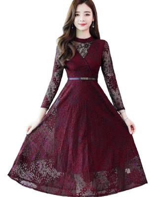 Stylish Soda Long Lace Long for and Recitals Size Women's Dress, Sleeves, Parties, Weddings, (Wine Red, M-3XL)