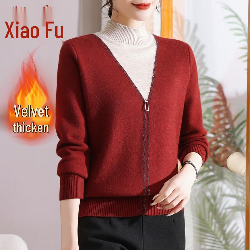 Middle-Aged Women's Autumn Velvet-Lined Knit Top