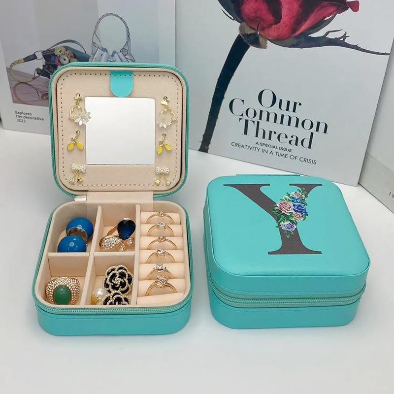 PU Leather Jewelry Box Mirror Storage Box 26 Letter Printed Portable Jewelry Organizer Earring Ring Necklace Case