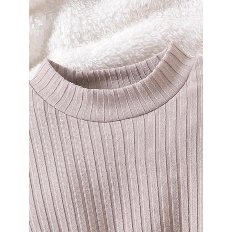 Winter Warmth Outfit Set - Elegant Beige & Brown Plaid Pleated Skirt Dress with Long Sleeve Blouse & Fluffy Bow Vest, Machine Washable Cozy Sweate