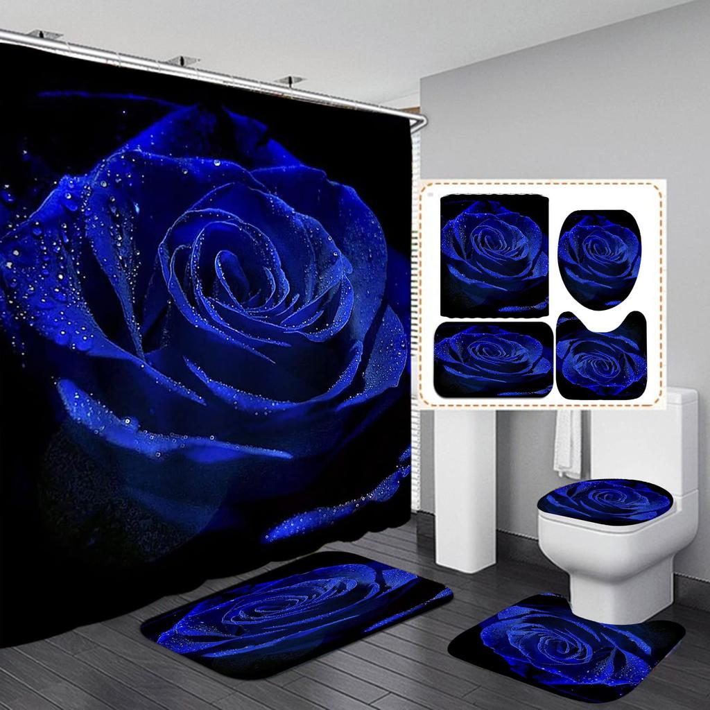 Valentines Shower Curtain Set Romantic Red Rose Flowers And Wine Shower Curtain Set With Non-Slip Rug Toilet Lid Cover Bath Mat