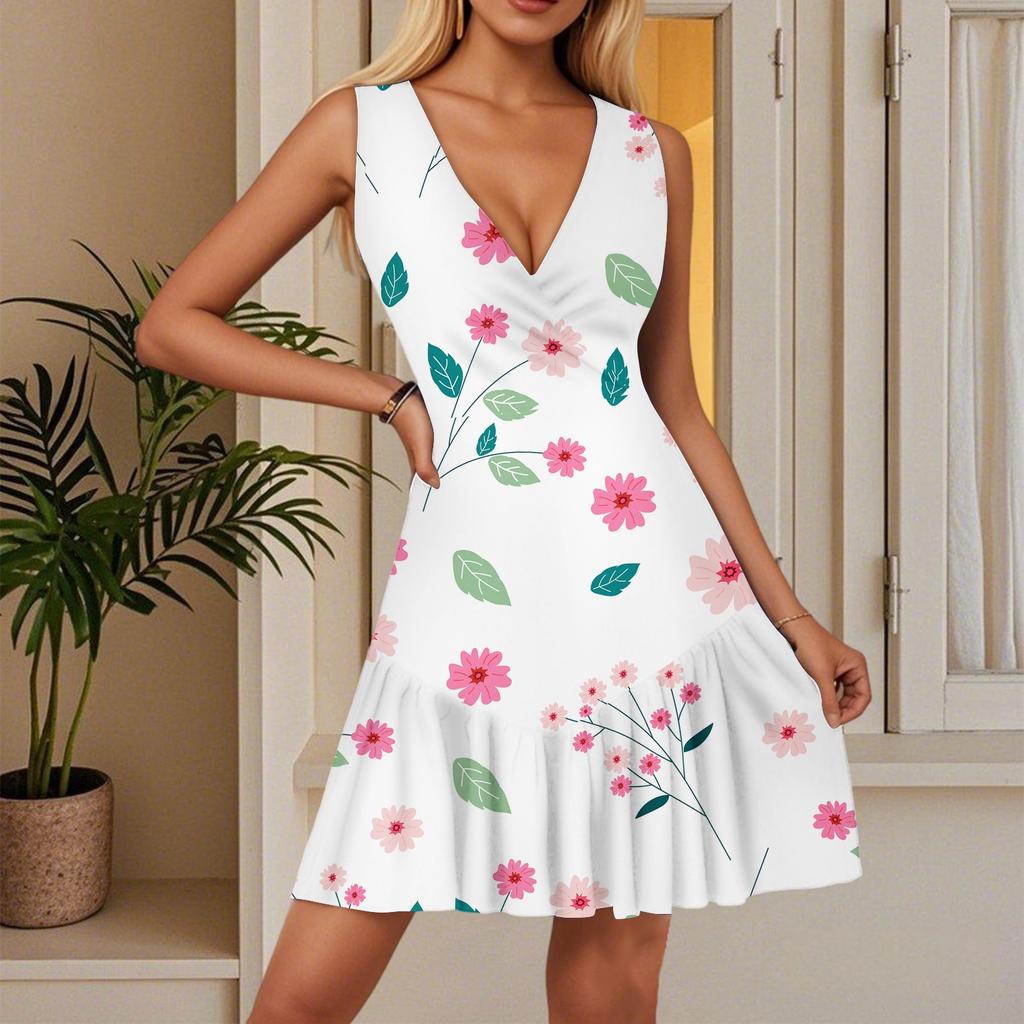 Women's Summer Dress V Neck Sleeveless Casual Floral Print Hem Pleated Dress