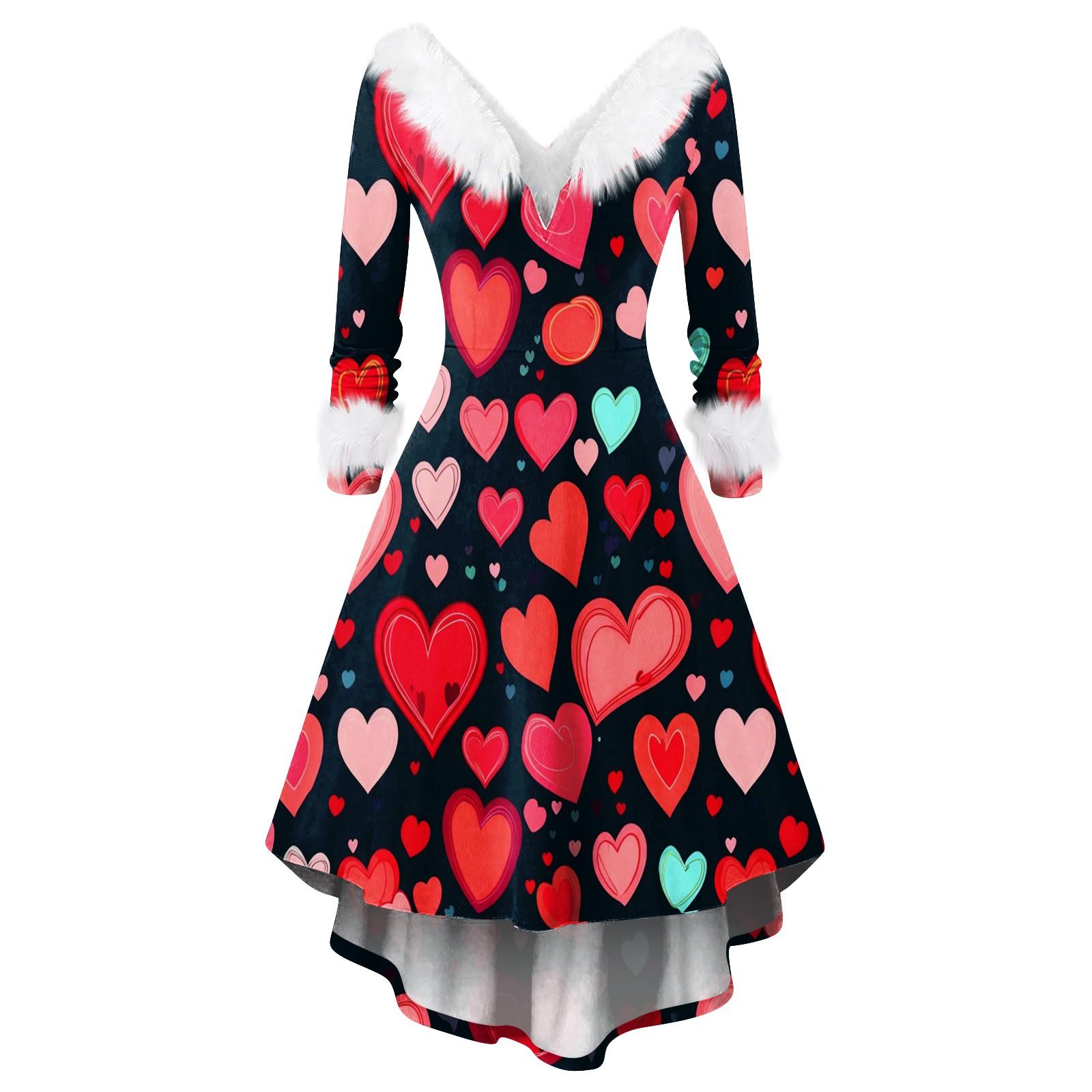 

Women s Valentine s Day Love Heart Print Fashion V-neck Casual Slim Fit Furry Party Long Sleeve Dress XXXXL чёрный