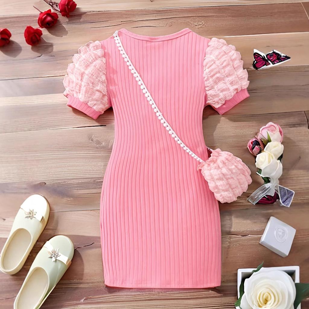 Mädchen Rosa Puffärmel Mode Kleid Sommer Herbst Kinder Prinzessin Kleid