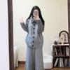 Retro Three-Piece Winter Set: Grey Knitted Cardigan, Warm Cotton Vest, and Cozy Pants