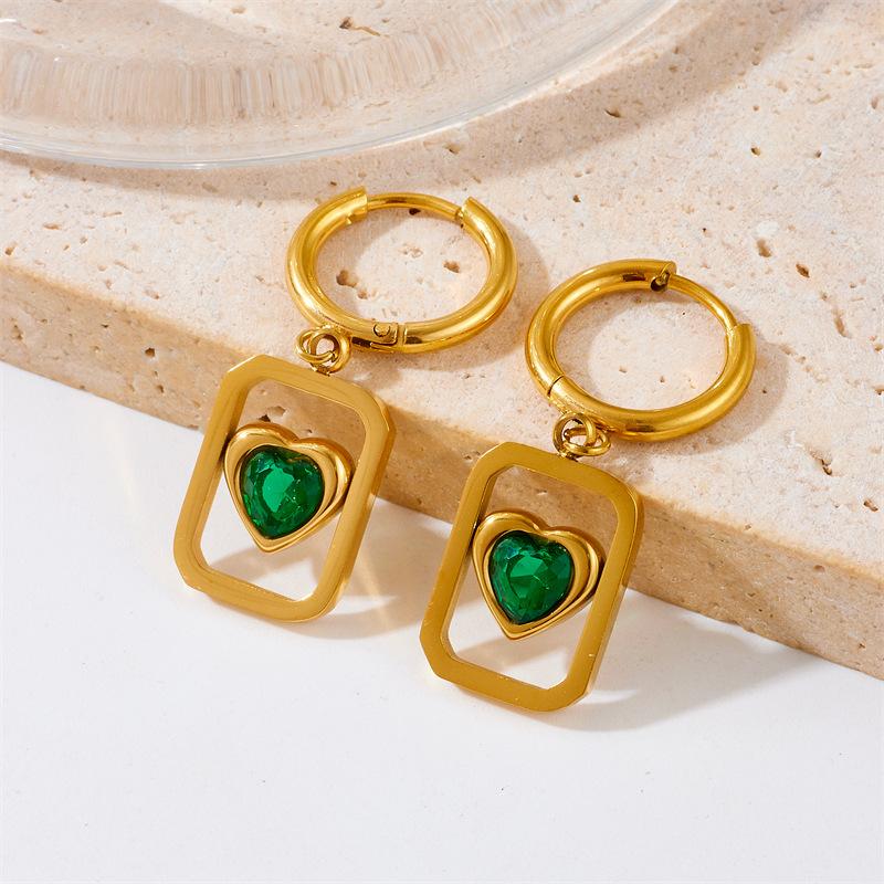 Gold Hoop Drop Earrings with Rotatable Green Heart Crystal Charm for Women