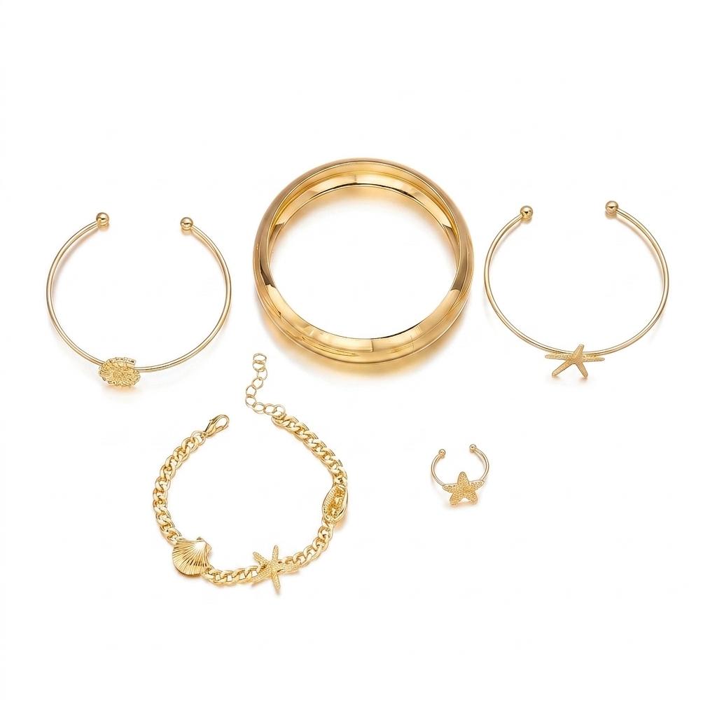 Coastal Chic Goldfarbenes Armreif-Set für Damen Minimalistisches Statement-Armreif Muschel Seestern Ring Zeitloser Sommerschmuck