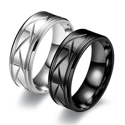 Men’s Silver Color Black Stainless Steel Ring Groove Multi-Faceted Ring for Men Women Engagement Ring Anniversary Gifts