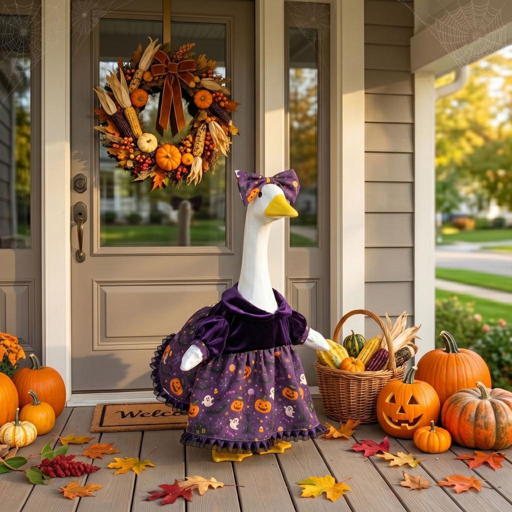 Velvet Halloween Dress and Bow Set for Small Pets Creative Printed Costume Outfit Suitable for Porch Goose and Small Animals